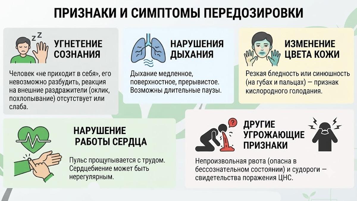 Инфографика: признаки и симптомы передозировки, включая угнетение сознания, нарушения дыхания, бледность или синюшность кожи, проблемы с сердцем, рвоту и судороги.